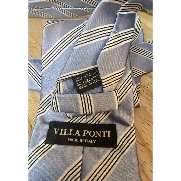 VILLA PONTI MEN SILK TIE 60X3.5" WIDE Light Blue Striped Preppy Executive EUC - Picture 7 of 8